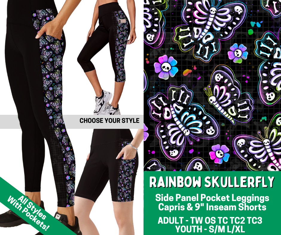 Preorder! Closes 2/18. ETA May. Rainbow Skullerfly Combo Side Panel Legging Lengths