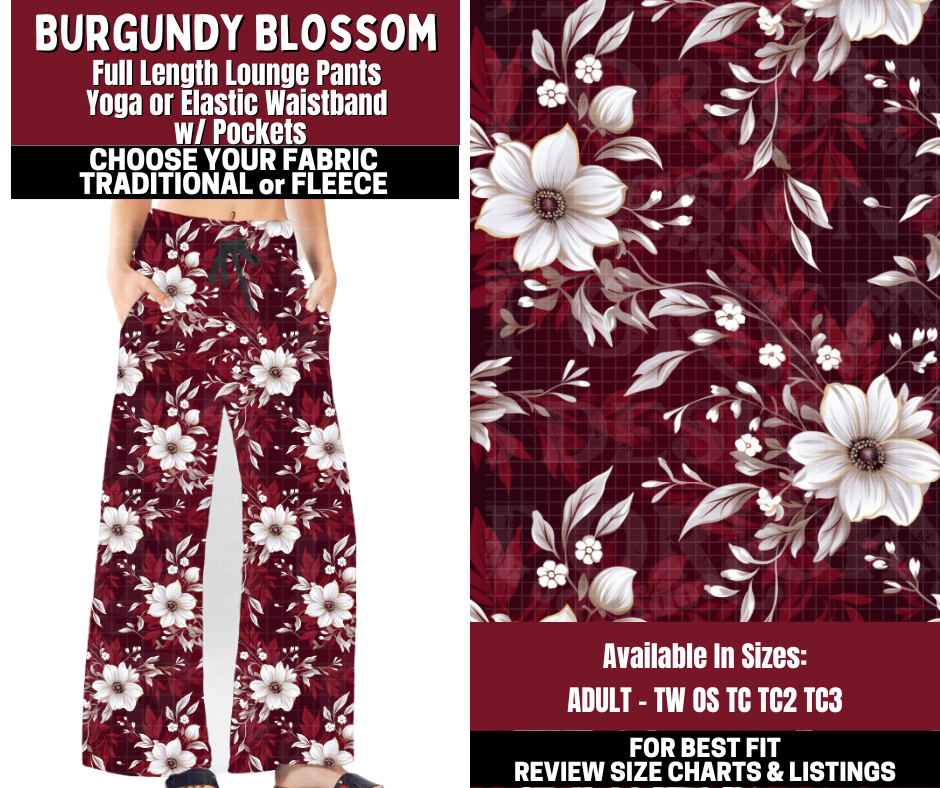 Preorder! Closes 10/22. ETA Jan. Burgundy Blossom Lounge Pants Choose Fleece or Traditional