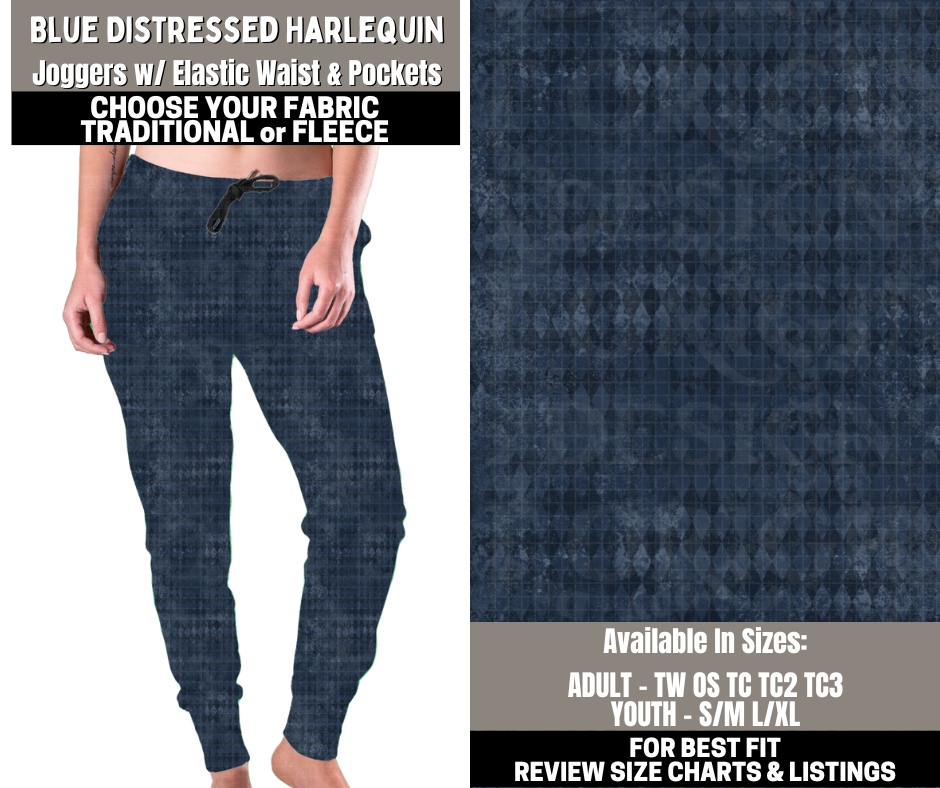 Preorder! Closes 12/1. ETA Feb. Blue Distressed Harlequin Joggers Choose Fleece or Traditional