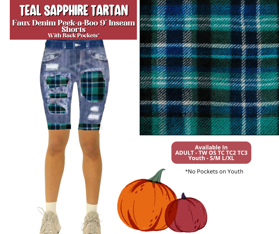 Preorder! Closes 6/30. ETA Sept. Teal Sapphire Tartan Faux Denim Peekaboo Jamaica Shorts
