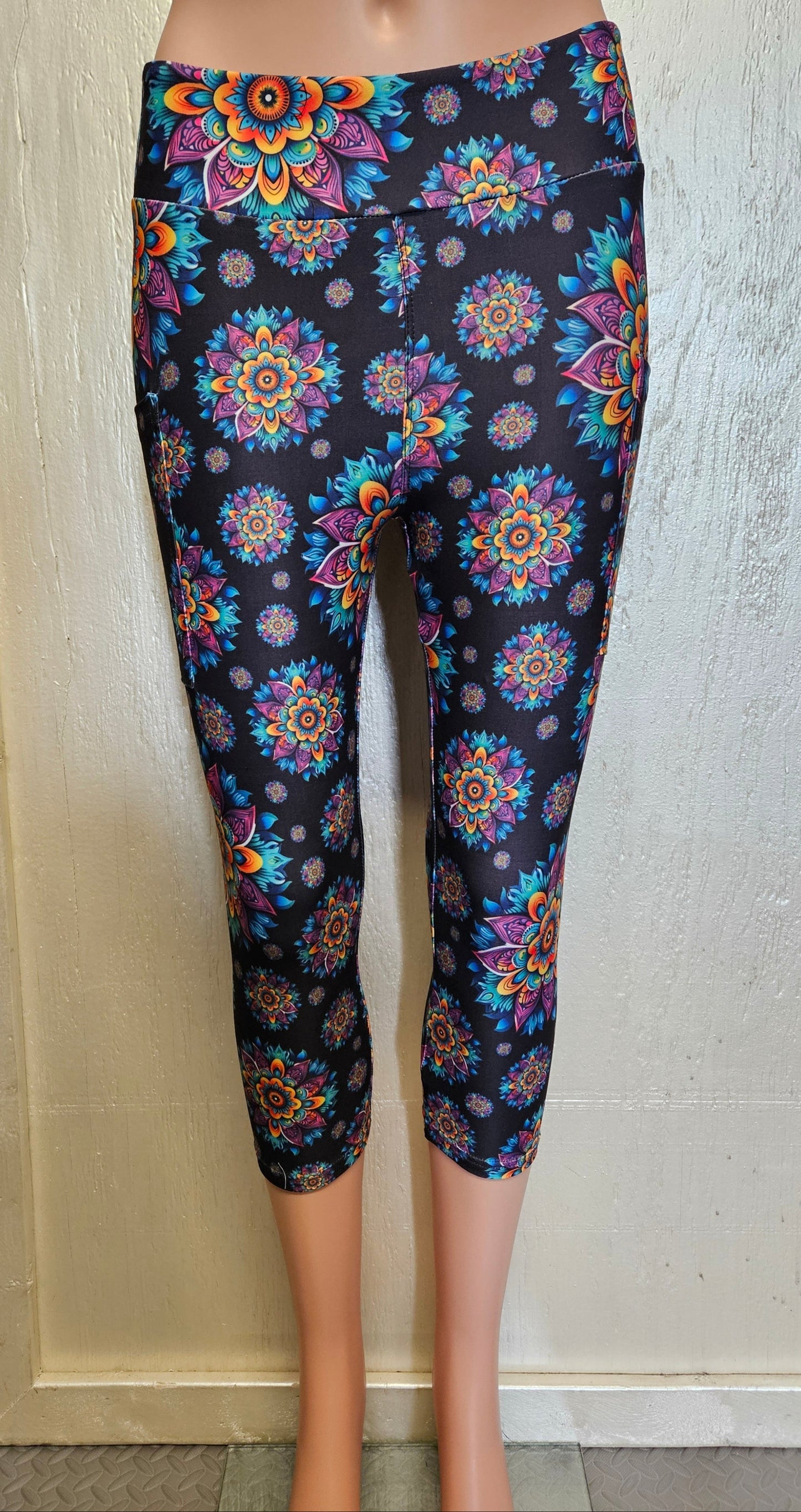 Rainbow Mandala capris with pockets