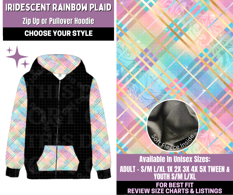 Preorder! Closes 1/14. ETA April. Iridescent Rainbow Plaid Zip-Up or Pullover Hoodie