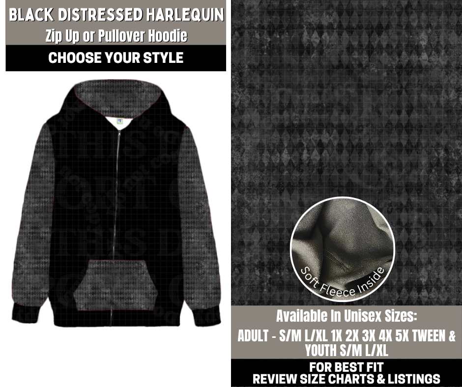 Preorder! Closes 12/1. ETA Feb. Black Distressed Harlequin Zip-Up or Pullover Hoodie