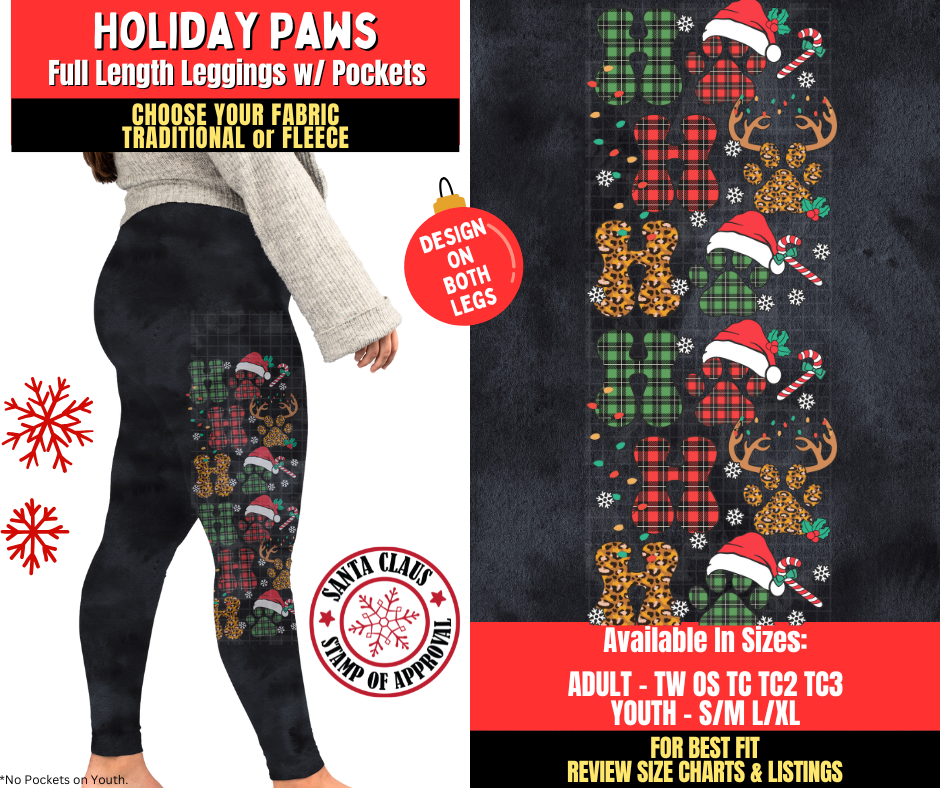 Preorder! Closes 8/27. ETA Nov. Holiday Paws Watercolor Leggings w/ Side Leg Designs Choose Fleece or Traditional