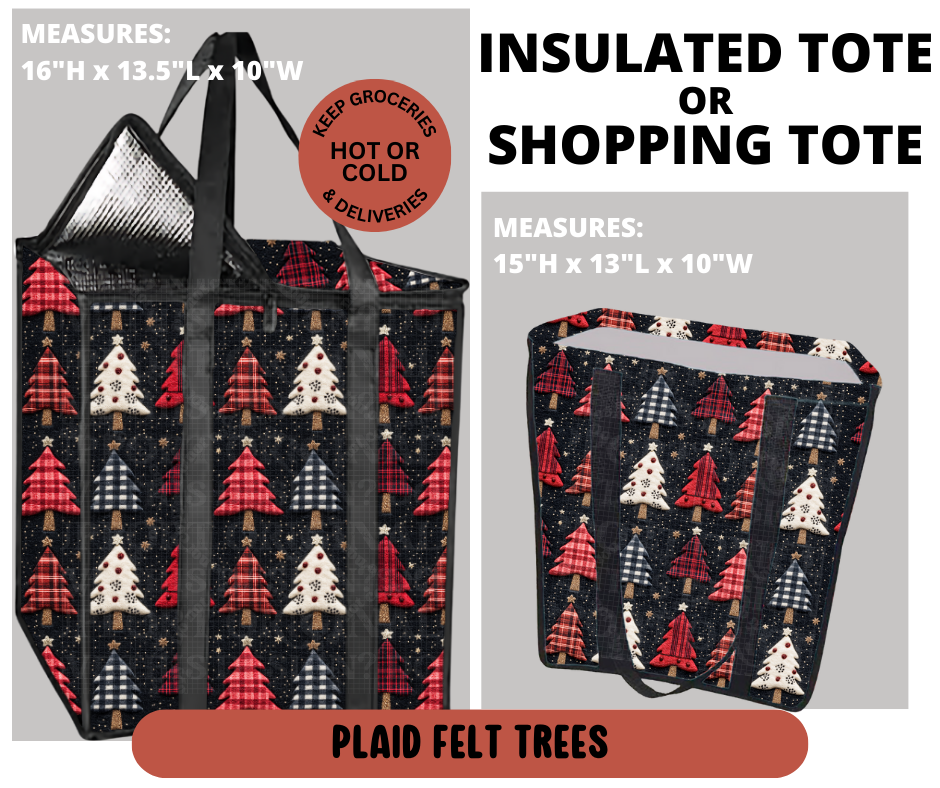 Preorder! Closes 9/11. ETA Dec. Plaid Felt Trees Shopping & Insulated Tote
