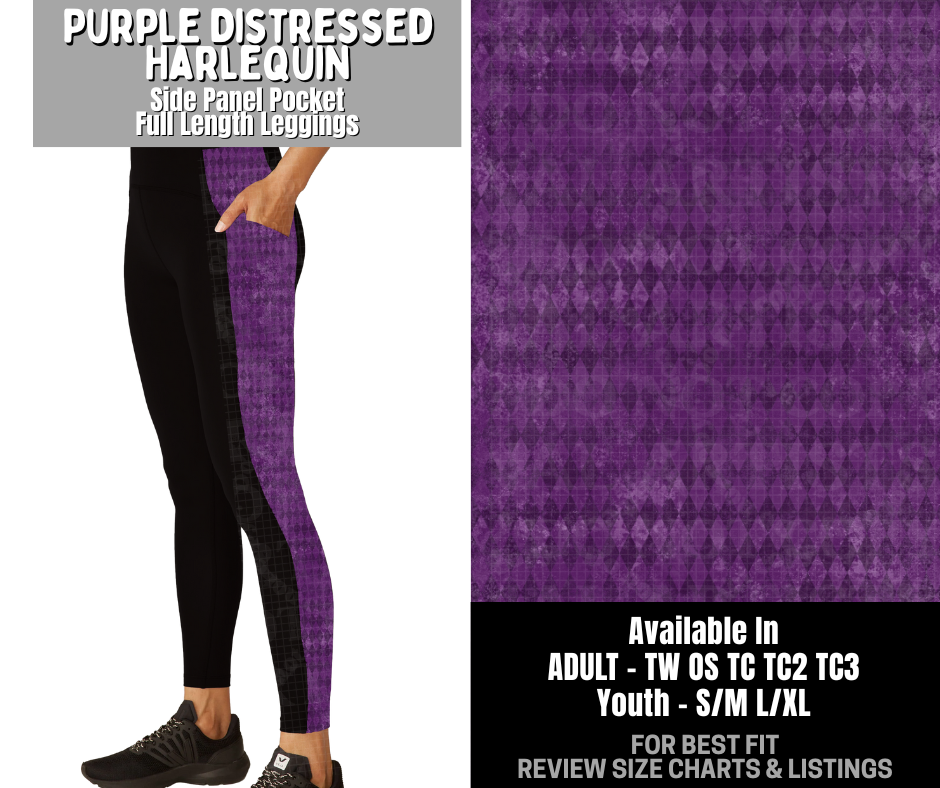 Preorder! Closes 12/3. ETA Feb. Purple Distressed Harlequin Side Panel Pocket Full Length Leggings