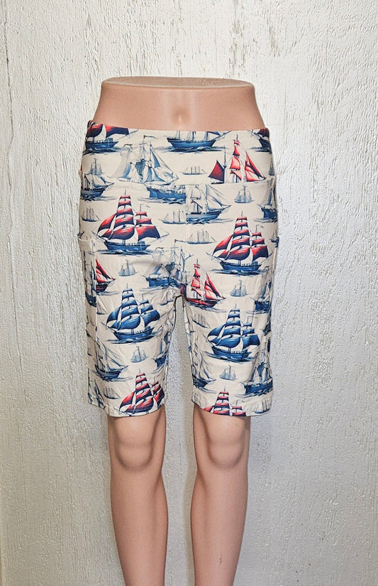 Red and Navy Vintage Sailboats capris and biker shorts with pockets