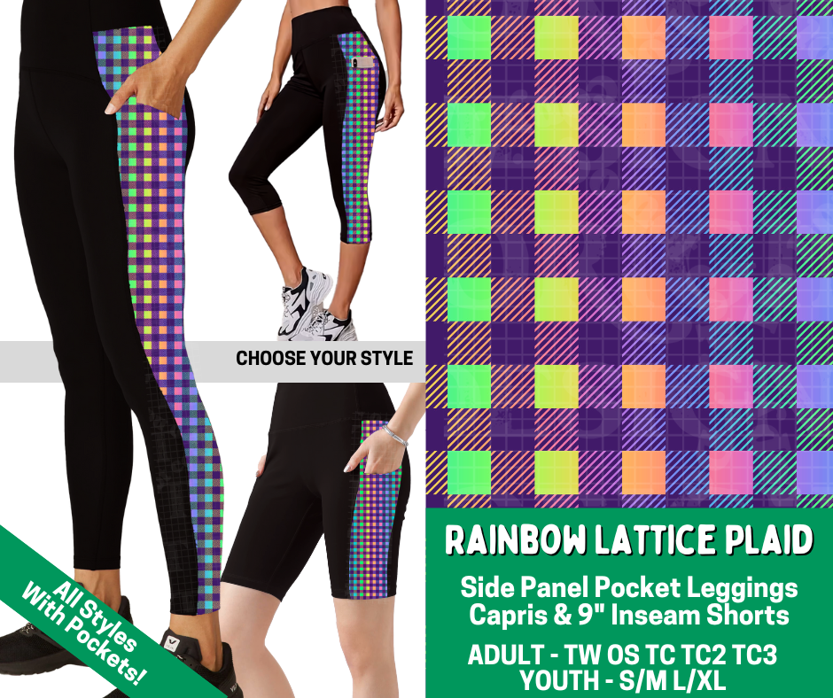 Preorder! Closes 2/18. ETA May. Rainbow Lattice Plaid Combo Side Panel Legging Lengths
