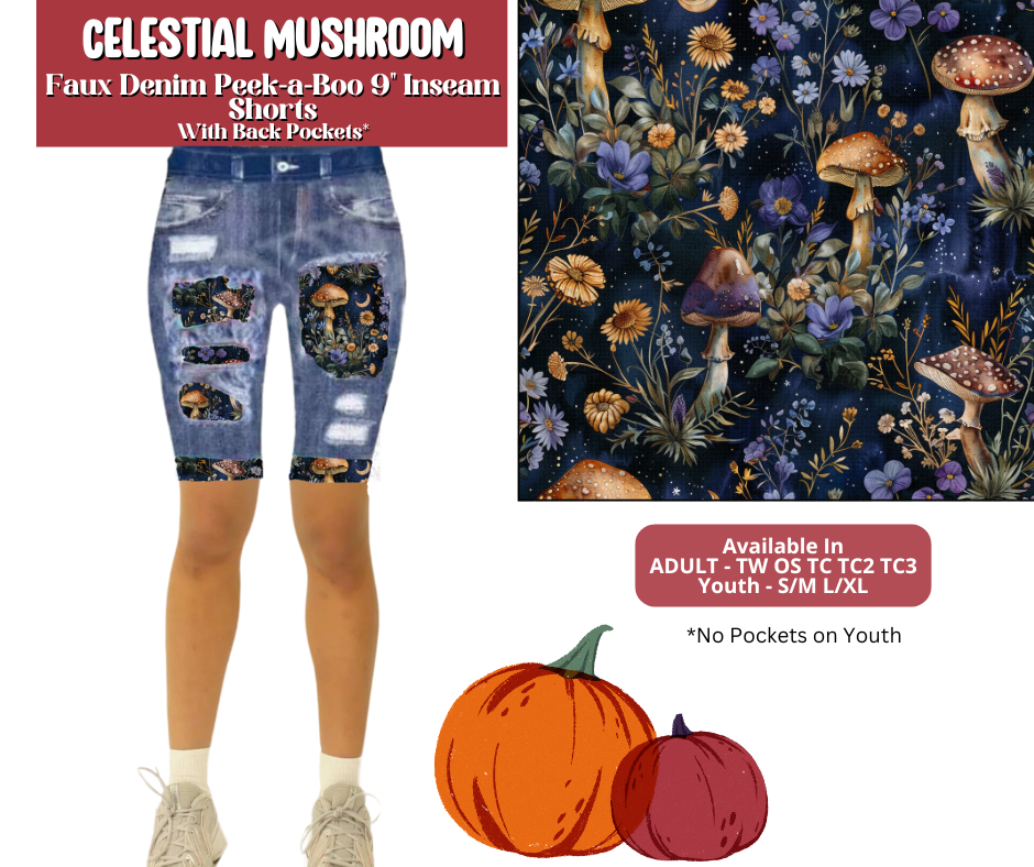 Preorder! Closes 6/30. ETA Sept. Celestial Mushroom Faux Denim Peekaboo Jamaica Shorts