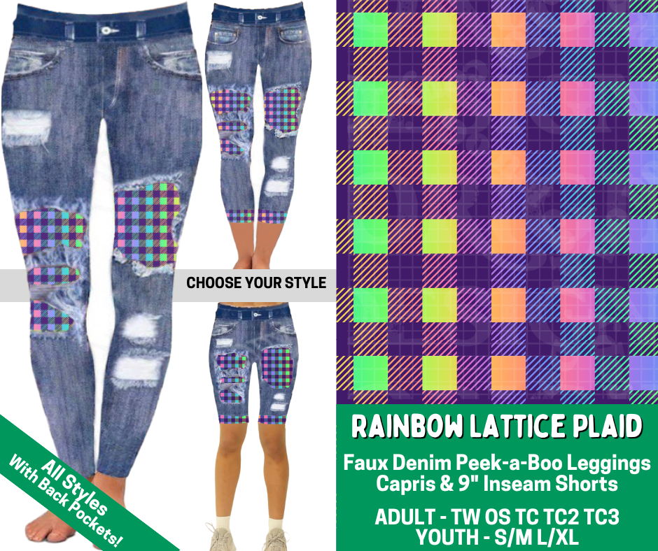 Preorder! Closes 2/18. ETA May. Rainbow Lattice Plaid Combo Faux Denim Peekaboo Legging Lengths