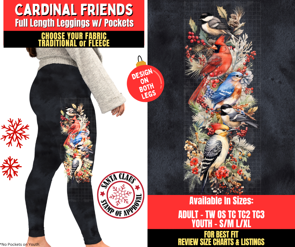 Preorder! Closes 8/27. ETA Nov. Cardinal Friends Watercolor Leggings w/ Side Leg Designs Choose Fleece or Traditional