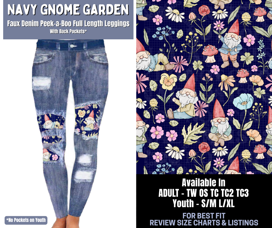 Preorder! Closes 1/8. ETA March. Navy Gnome Garden Full Length Faux Denim Peekaboo