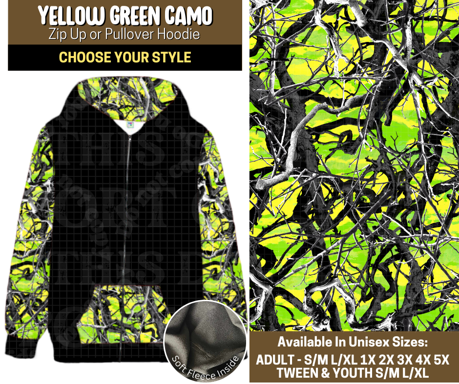 Preorder! Closes 9/12. ETA Dec. Yellow Green Camo Zip-Up or Pullover Hoodie
