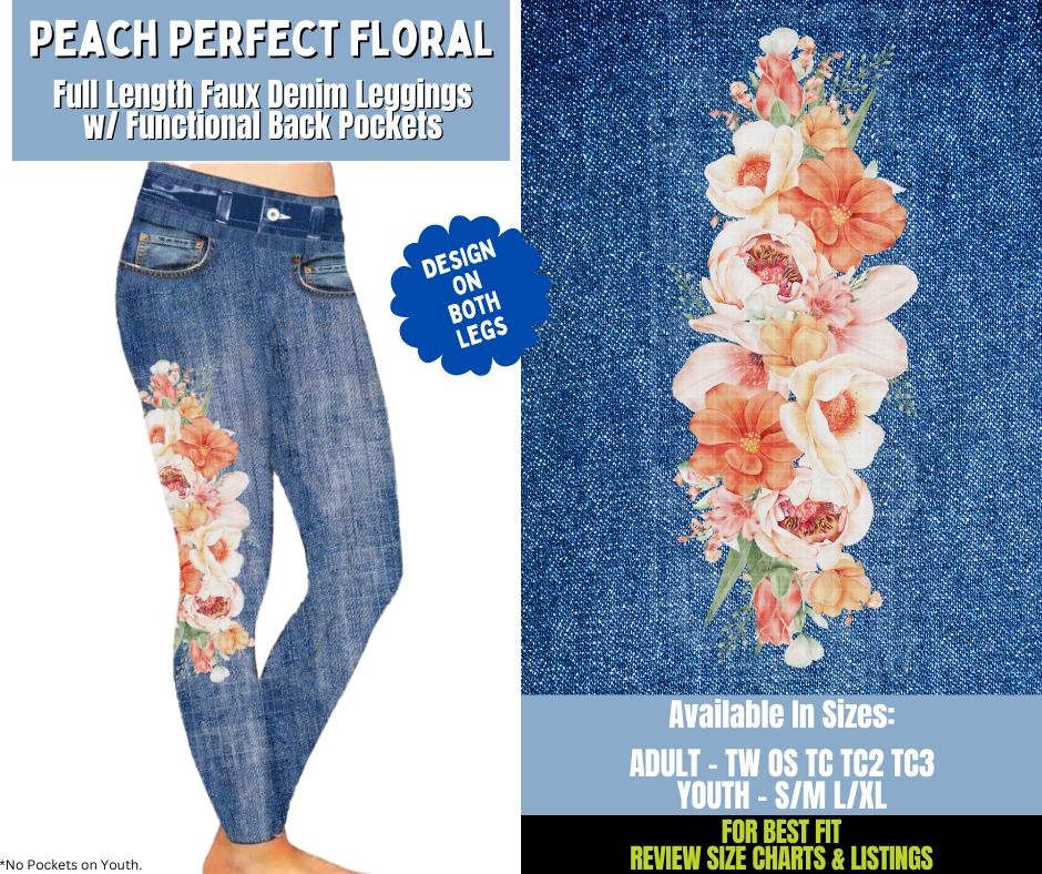 Preorder! Closes 12/15. ETA March. Peach Perfect Floral Full Length Faux Denim w/ Side Leg Designs