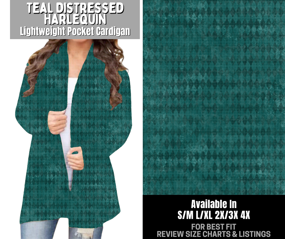 Preorder! Closes 12/3. ETA Feb. Teal Distressed Harlequin Pocket Cardigan