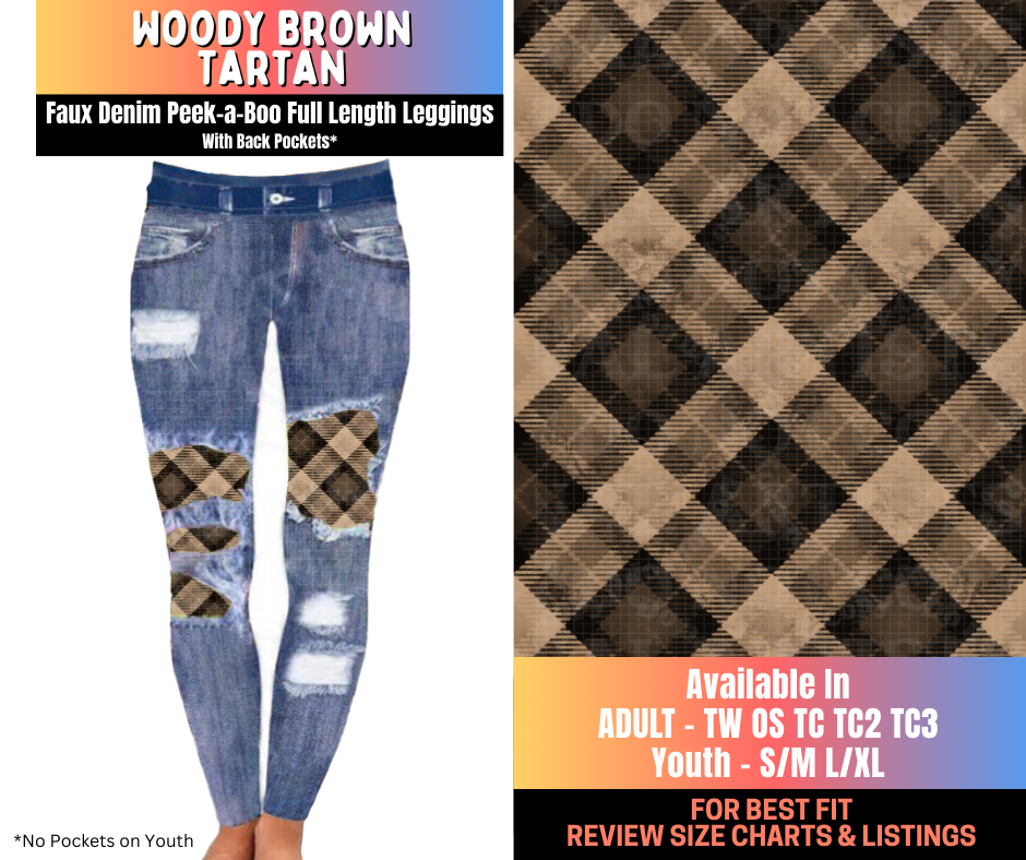 Preorder! Closes 10/15. ETA Jan. Woody Brown Tartan Full Length Faux Denim Peekaboo