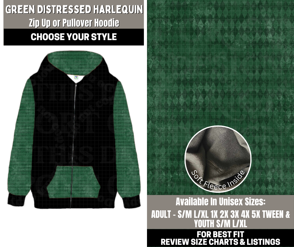 Preorder! Closes 12/1. ETA Feb. Green Distressed Harlequin Zip-Up or Pullover Hoodie