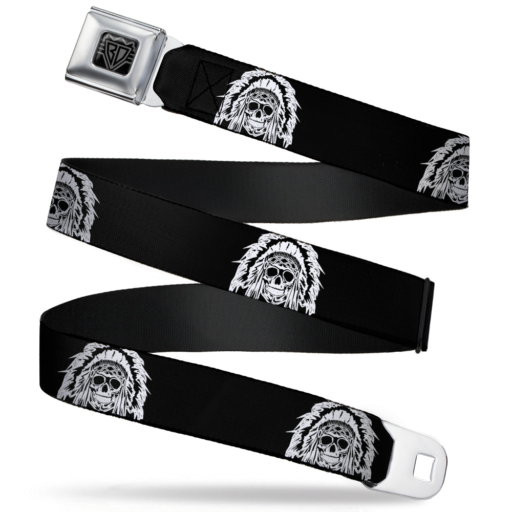 BD Wings Logo CLOSE-UP Full Color Black Silver Seatbelt Belt - Native American Skull Black/White Webbing