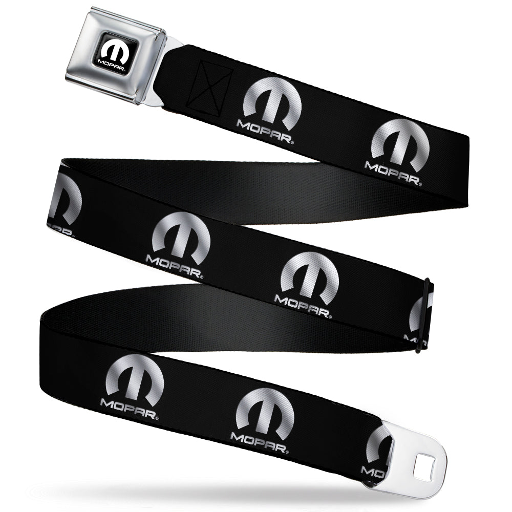 MOPAR Logo Full Color Black/White Seatbelt Belt - MOPAR Logo Repeat Black/Silver Gradient Webbing
