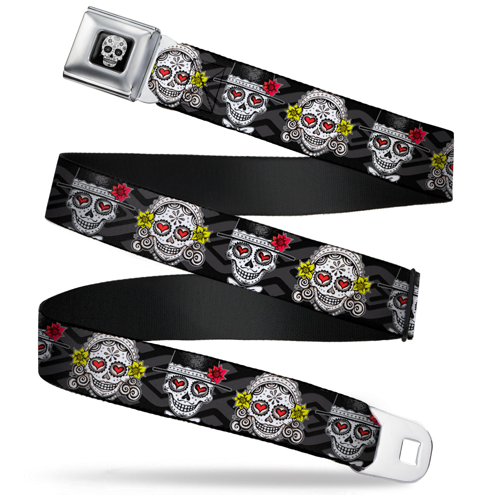 Sugar Skull Full Color Black/White/Gray Seatbelt Belt - Los Novios Black/Gray/White/Multi Color Webbing