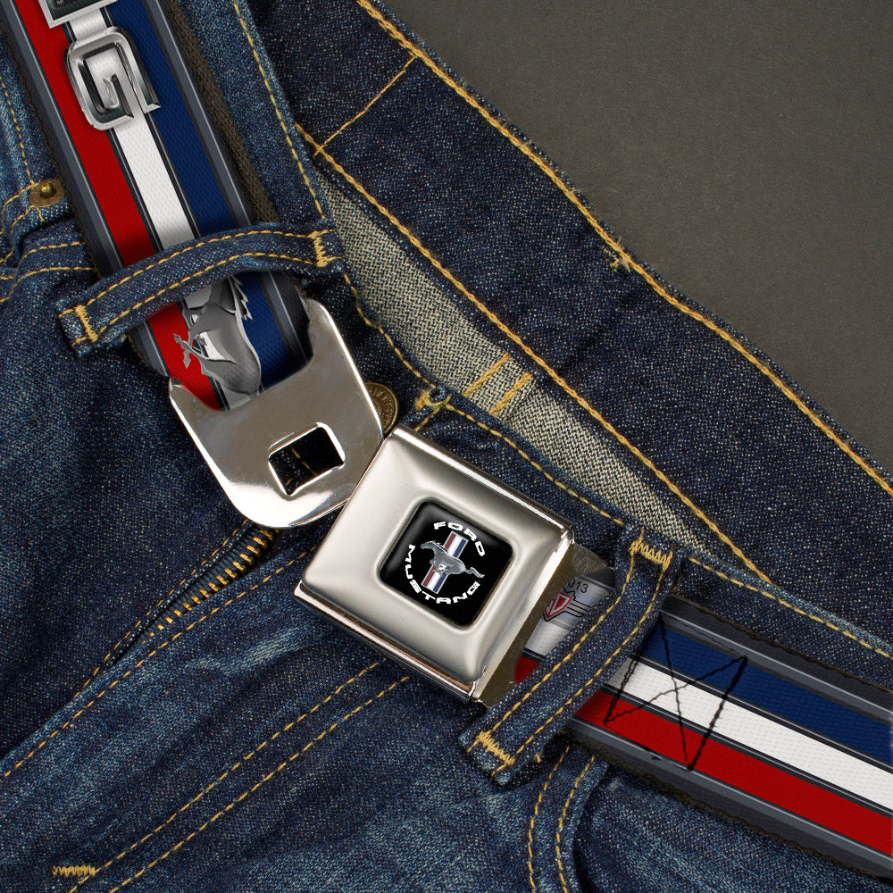 FORD MUSTANG Tri-Bar Logo Full Color Black White Silver Red Blue Seatbelt Belt - Mustang/Text w/Tri-Bar Stripe Webbing