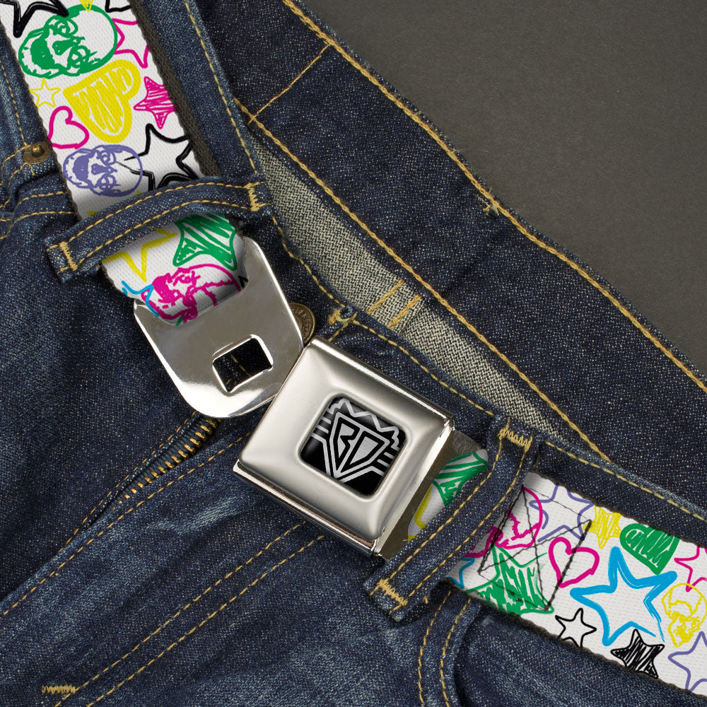 BD Wings Logo CLOSE-UP Full Color Black Silver Seatbelt Belt - Sketch Skull/Star/Heart White/Multi Color Webbing