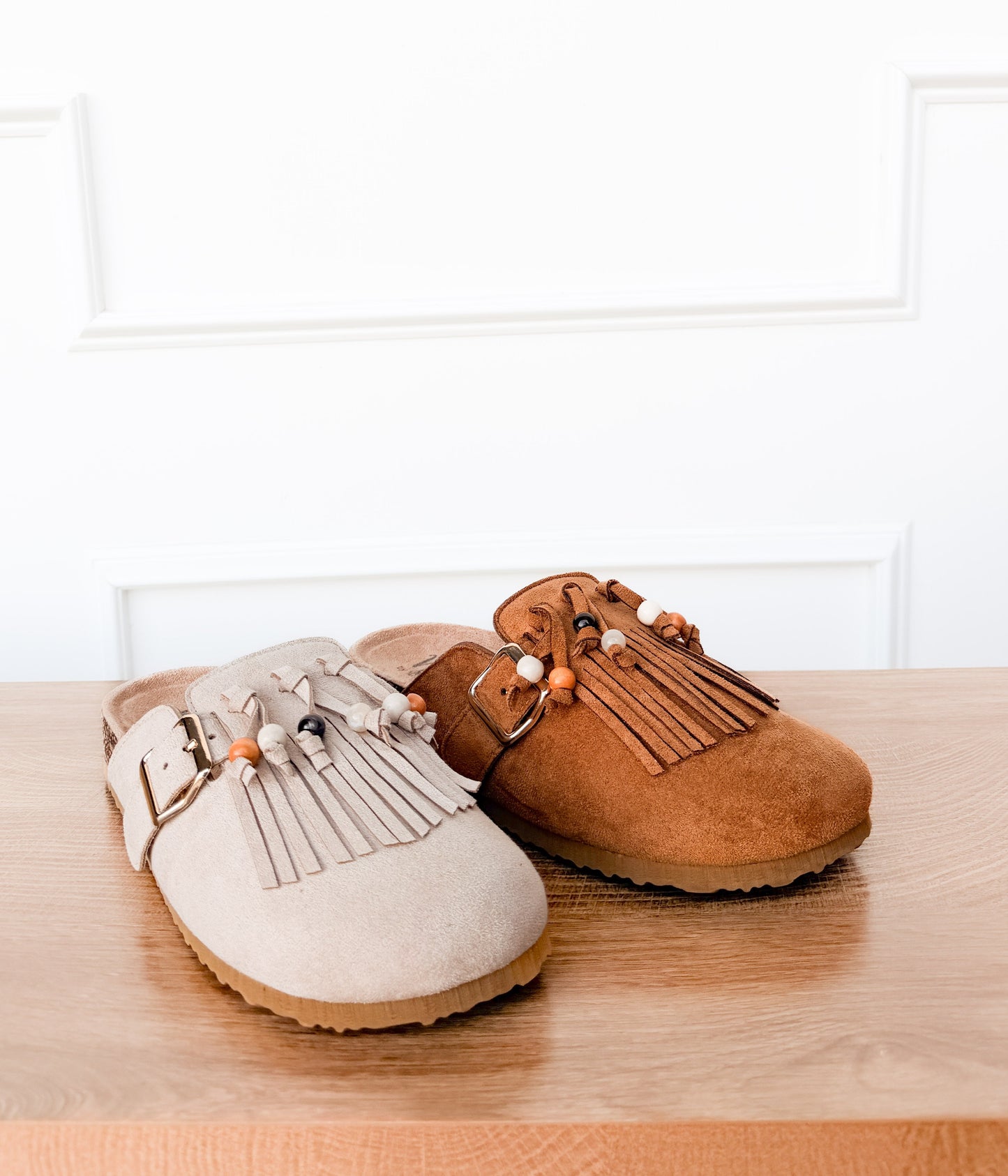 Sadie Western Fringe Beaded Flat Mules in Cream