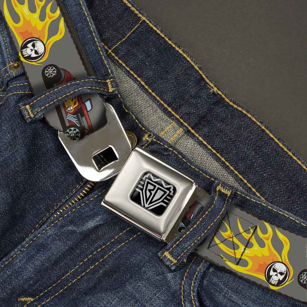 BD Wings Logo CLOSE-UP Full Color Black Silver Seatbelt Belt - Hot Rod w/Flame Skull Webbing