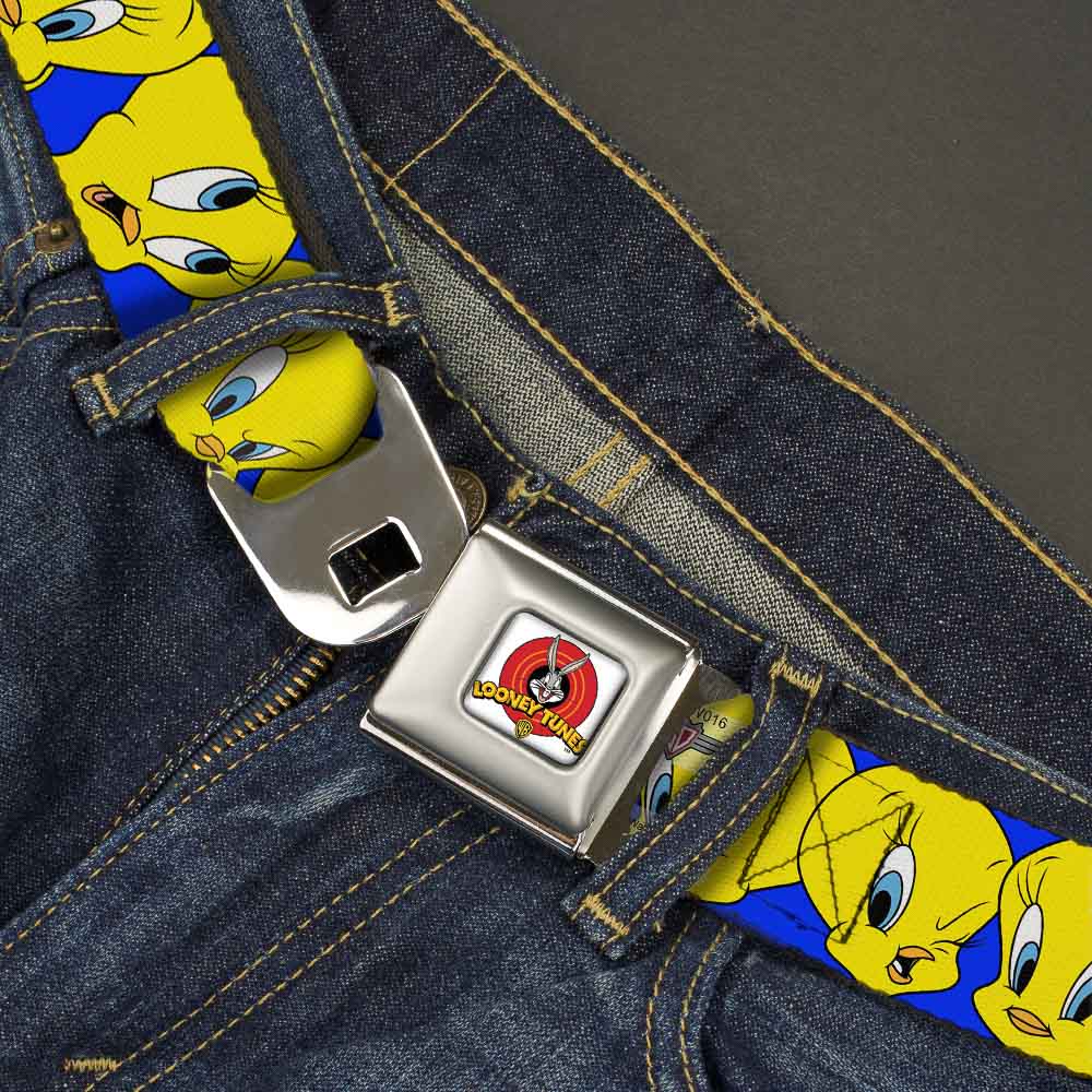 Looney Tunes Logo Full Color White Seatbelt Belt - Tweety Bird CLOSE-UP Expressions Royal Webbing