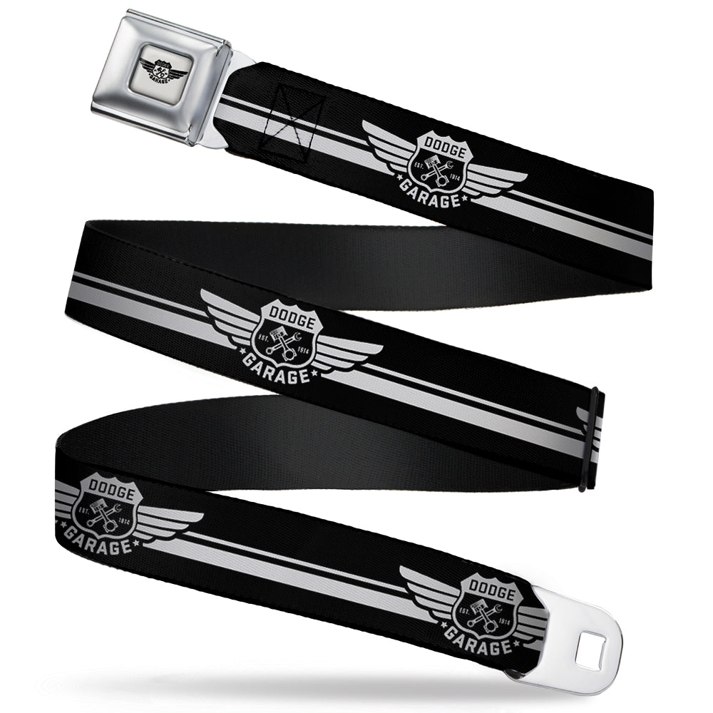 DODGE GARAGE Emblem Full Color Light Gray Black Seatbelt Belt - DODGE GARAGE Emblem Stripe Black/White Webbing