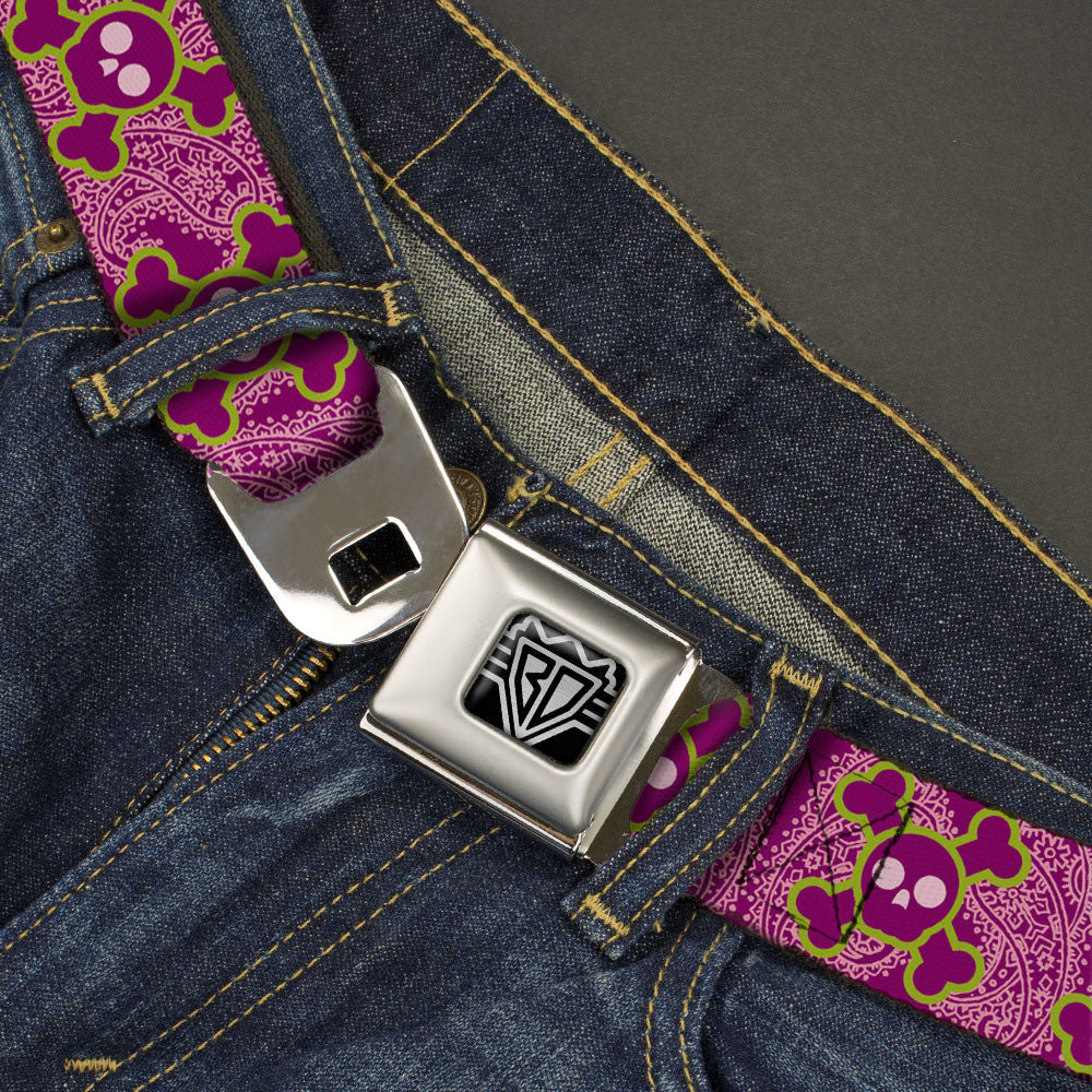 BD Wings Logo CLOSE-UP Full Color Black Silver Seatbelt Belt - Cute Skulls w/Paisley Purple/Pink/Green Webbing
