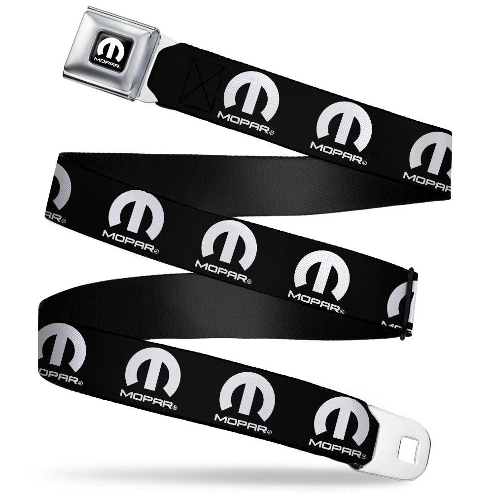 MOPAR Logo Full Color Black/White Seatbelt Belt - MOPAR Logo Repeat Black/White Webbing