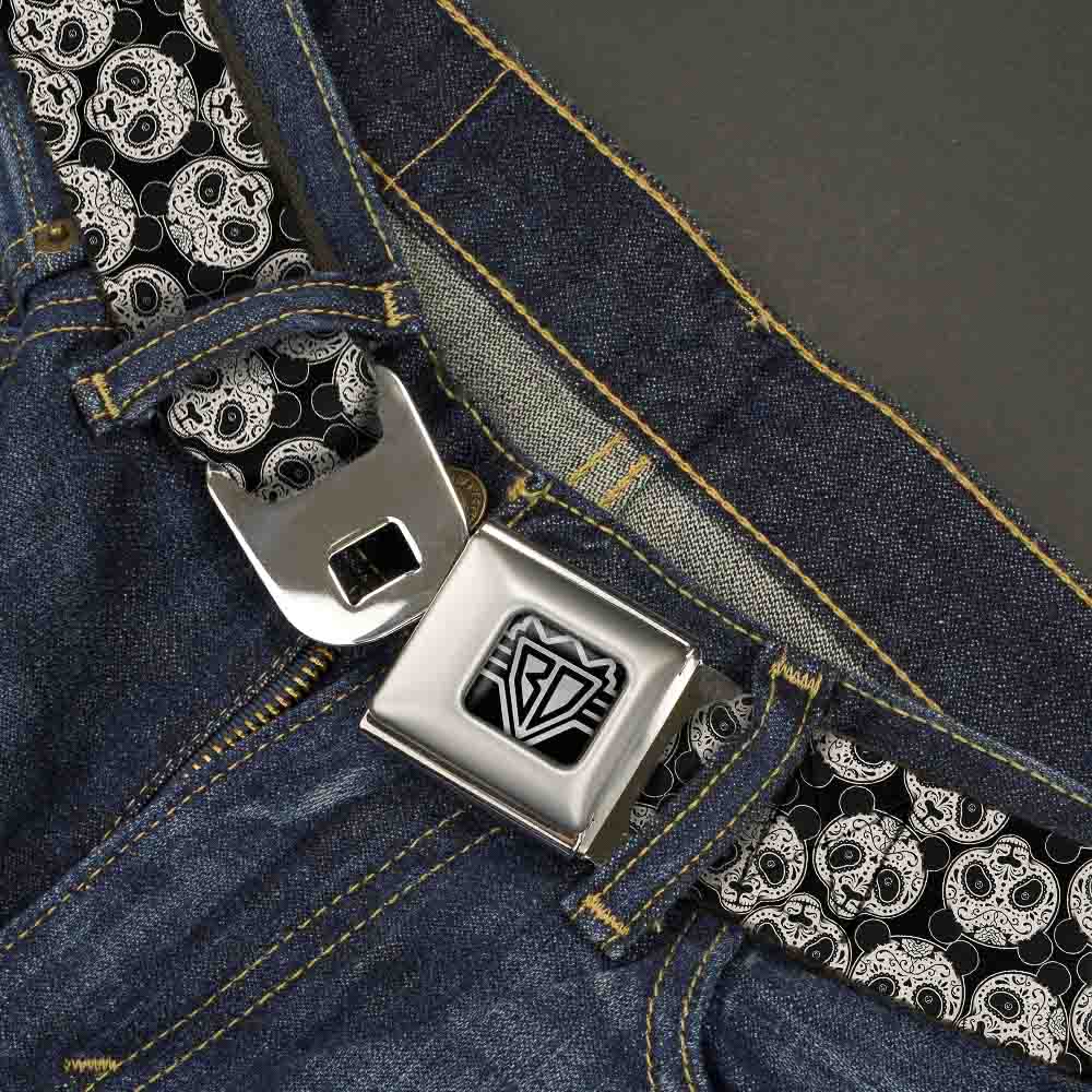 BD Wings Logo CLOSE-UP Full Color Black Silver Seatbelt Belt - Panda Bear Sugar Skull Scattered Black/Cream Webbing