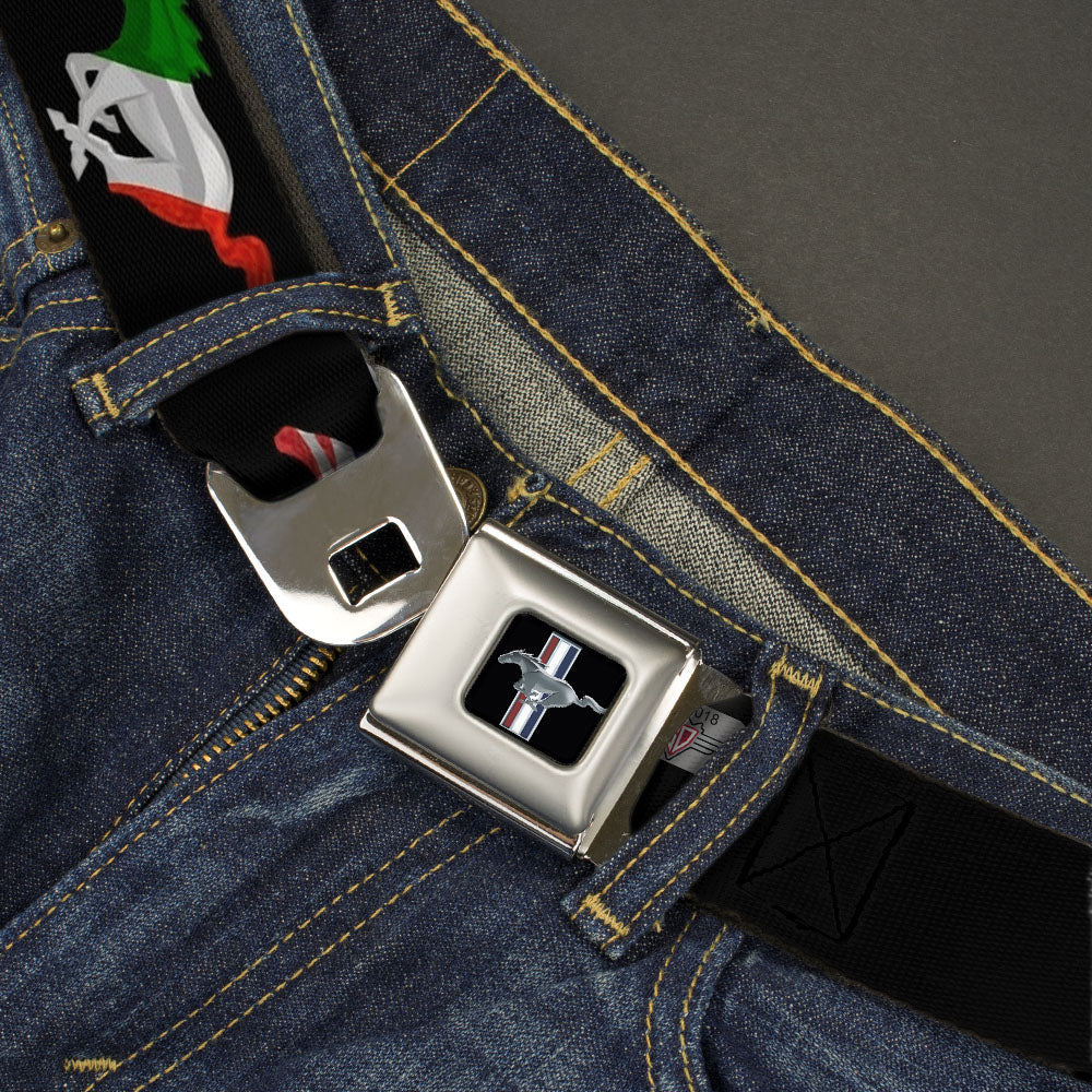 Ford Mustang Emblem Seatbelt Belt - Mustang Silhouette Black/International Flags Webbing