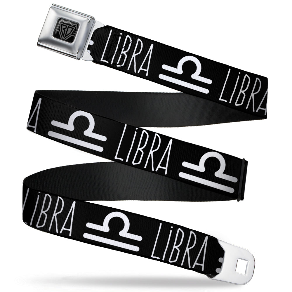 BD Wings Logo CLOSE-UP Full Color Black Silver Seatbelt Belt - Zodiac LIBRA/Symbol Black/White Webbing