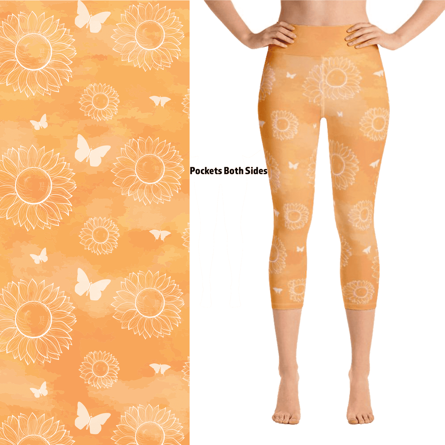 Sunny Bloom Capri Leggings with Pockets – Sunflower & Butterfly Print