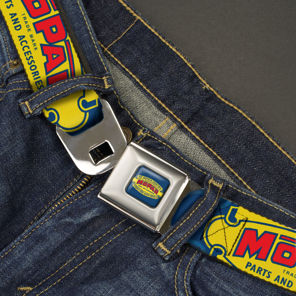 MOPAR 1937-1947 Logo Full Color Blue/Yellow/Red Seatbelt Belt - MOPAR 1937-1947 Logo-USE CHRYSLER ENGINEERED MOPAR PARTS AND ACCESSORIES Blue/Yellow/Red Webbing