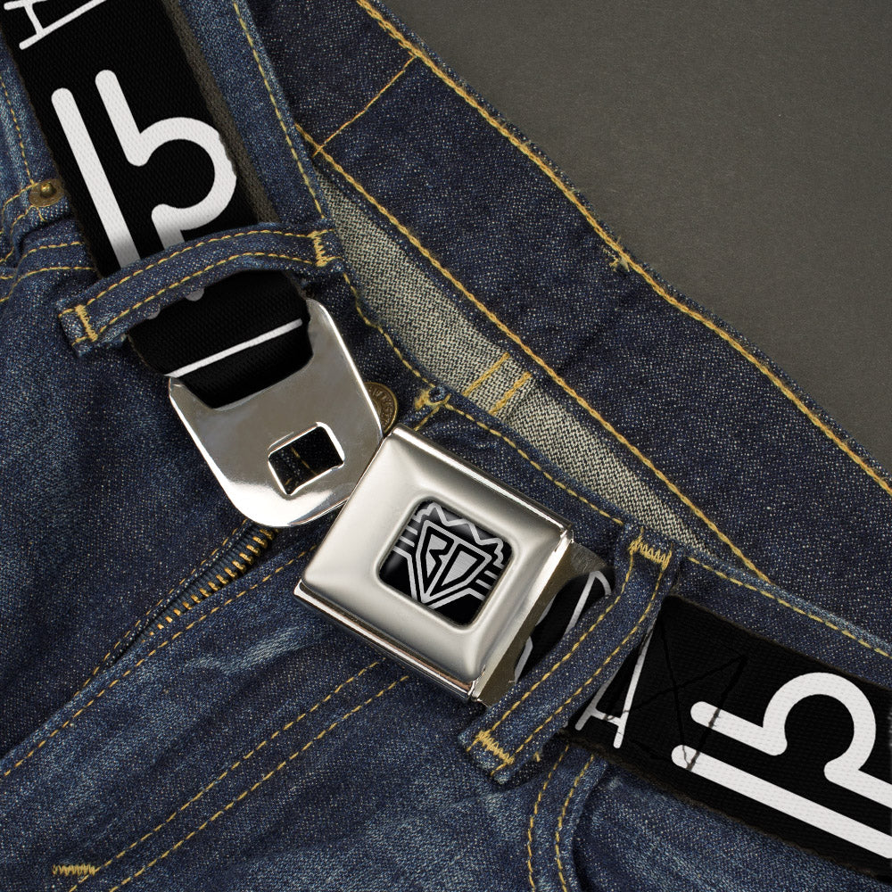 BD Wings Logo CLOSE-UP Full Color Black Silver Seatbelt Belt - Zodiac LIBRA/Symbol Black/White Webbing