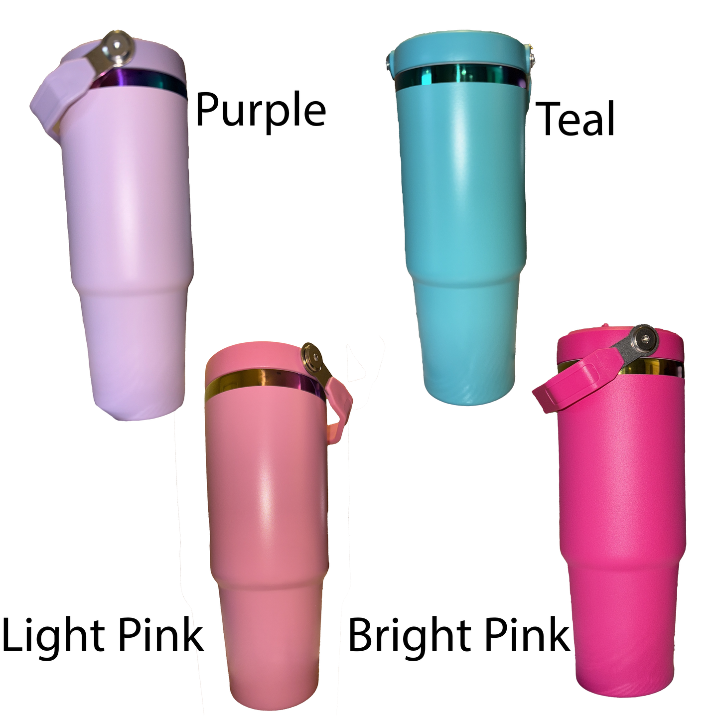 Rainbow Tumbler in Teal, Light Pink, Light Purple, Bright Pink with Flip up Straw 30 o