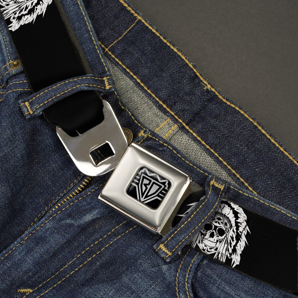 BD Wings Logo CLOSE-UP Full Color Black Silver Seatbelt Belt - Native American Skull Black/White Webbing