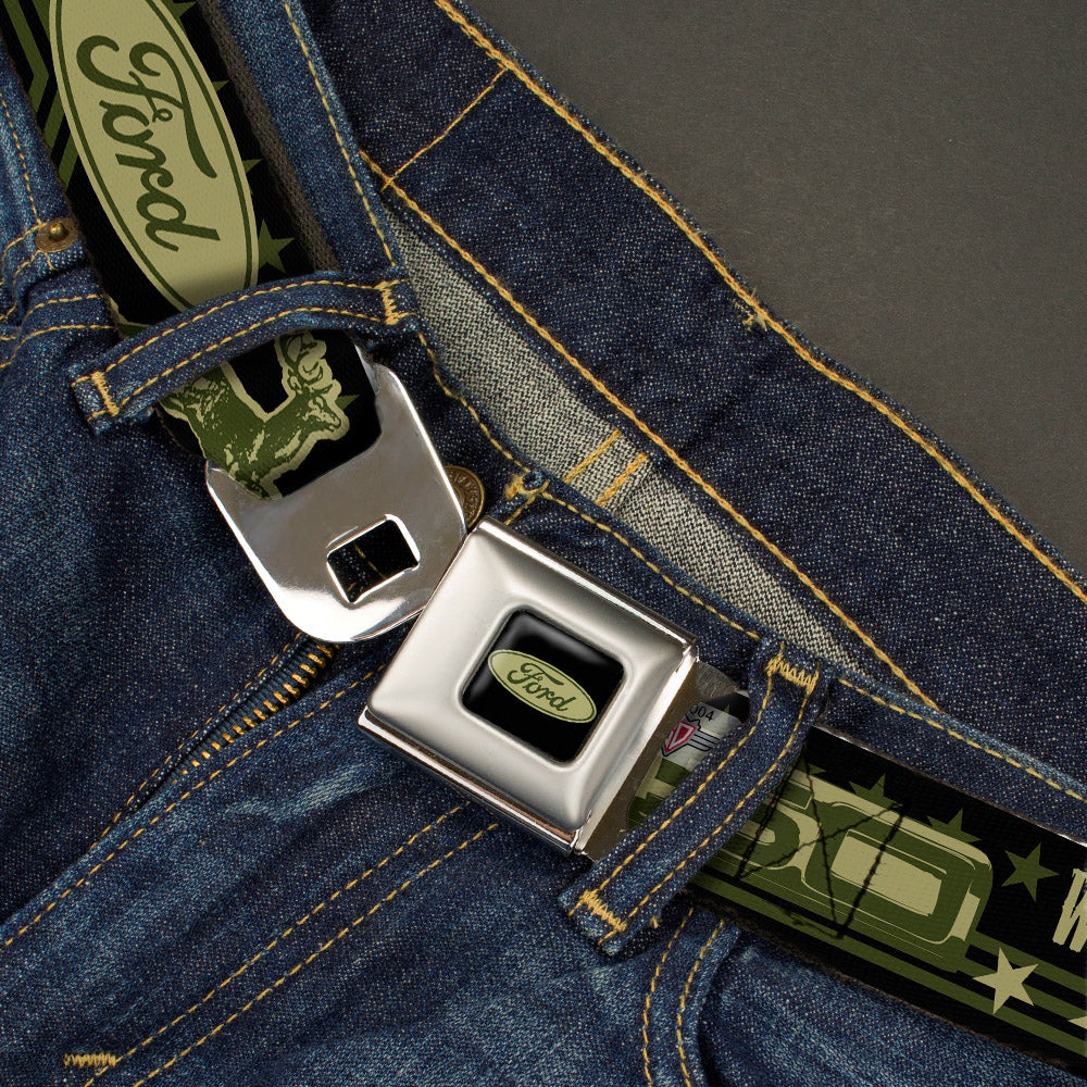 FORD Oval Full Color Black Tan Olive Seatbelt Belt - FORD F-150 WORKS HARD, PLAYS HARDER./Stars Black/Tan/Olive Webbing