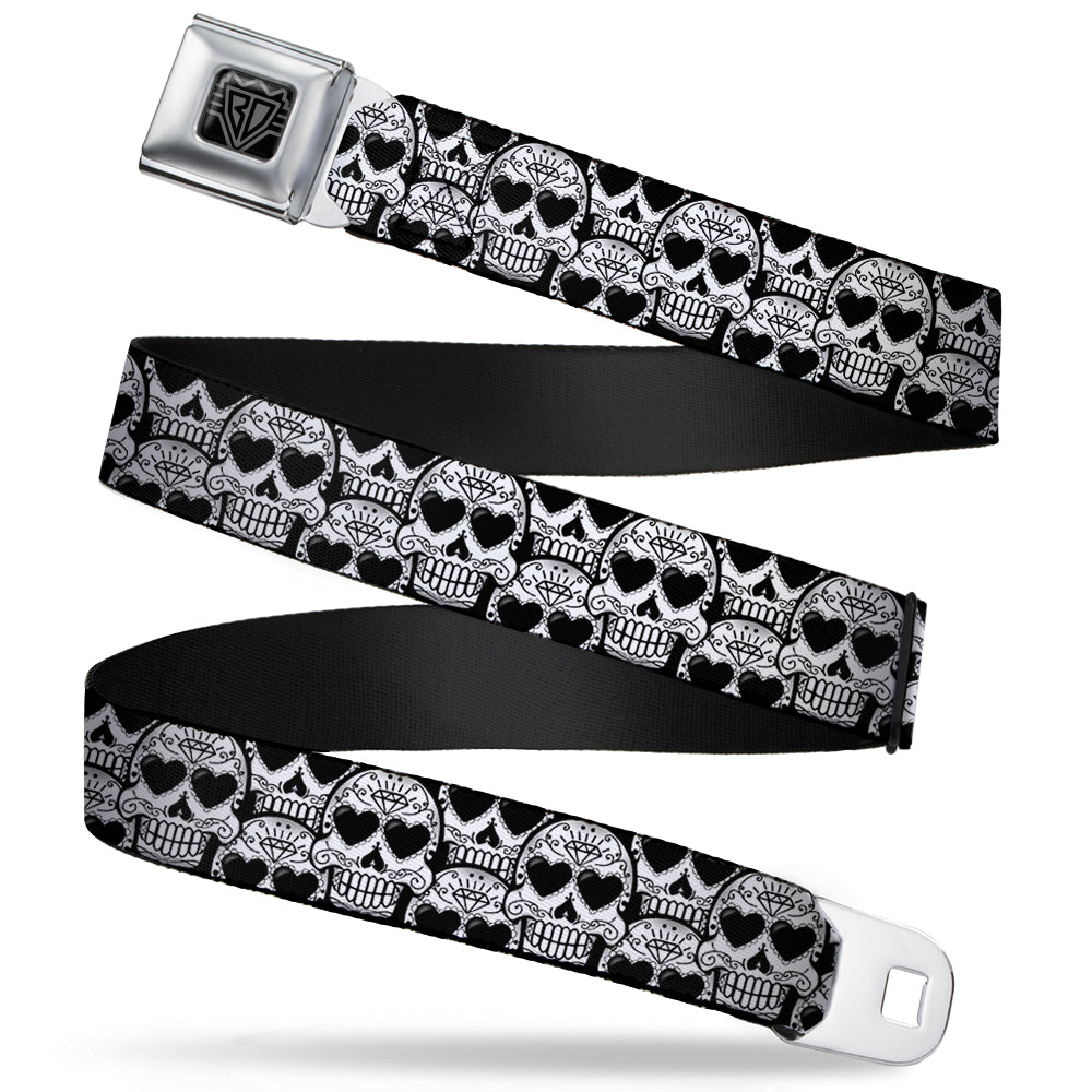 BD Wings Logo CLOSE-UP Full Color Black Silver Seatbelt Belt - Diamond Sugar Skull Stacked Black/Silver Fade/White Webbing