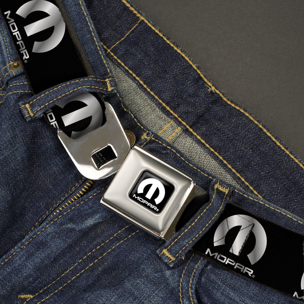 MOPAR Logo Full Color Black/White Seatbelt Belt - MOPAR Logo Repeat Black/Silver Gradient Webbing