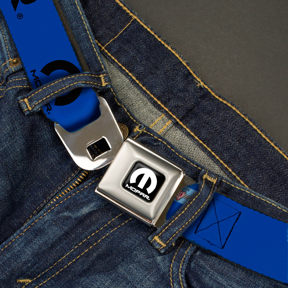 MOPAR Logo Full Color Black White Seatbelt Belt - MOPAR Text/Logo Blue/Black Webbing