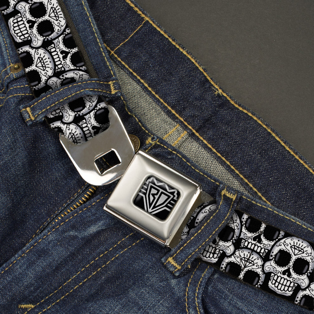 BD Wings Logo CLOSE-UP Full Color Black Silver Seatbelt Belt - Cartoon Sugar Skulls Stacked Black/White Webbing