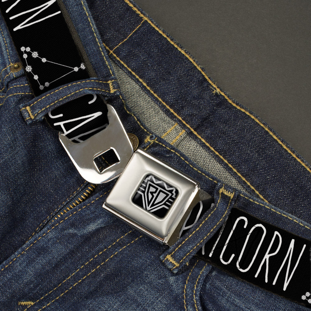 BD Wings Logo CLOSE-UP Full Color Black Silver Seatbelt Belt - Zodiac CAPRICORN/Constellation Black/White Webbing