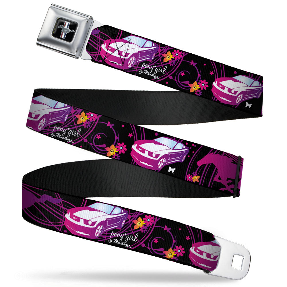 Ford Mustang Emblem Seatbelt Belt - Mustang Silhouette/PONY GIRL/Flowers Black/Fuchsias Webbing