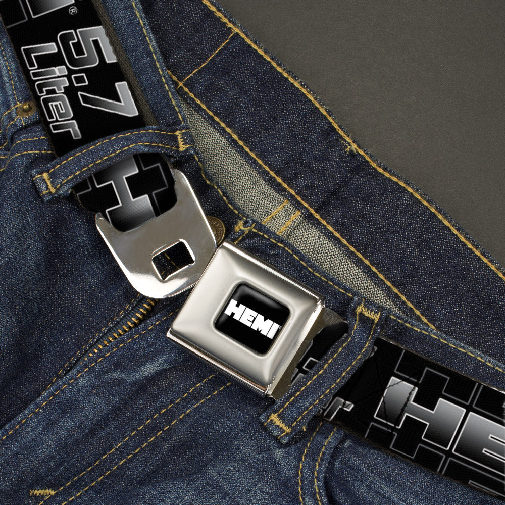 HEMI Bold Full Color Black/White Seatbelt Belt - HEMI 5.7 LITER Black/White/Silver-Fade Webbing