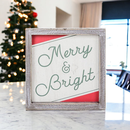 Merry And Bright 7 Inch Wood Christmas Wall Sign Red Green White Holiday Home Decor 7x7x1.5