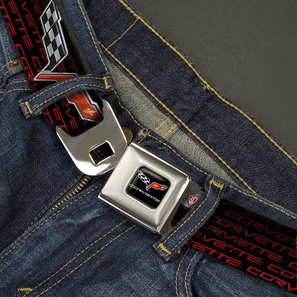 C6 Full Color Seatbelt Belt - C6 Logo/CORVETTE Repeat Black/Red Ombre Webbing
